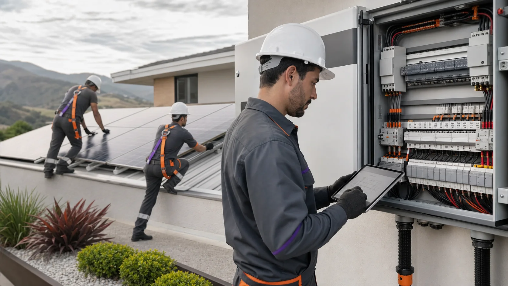 Equipe técnica verificando projeto, quadro elétrico e instalação de módulos fotovoltaicos